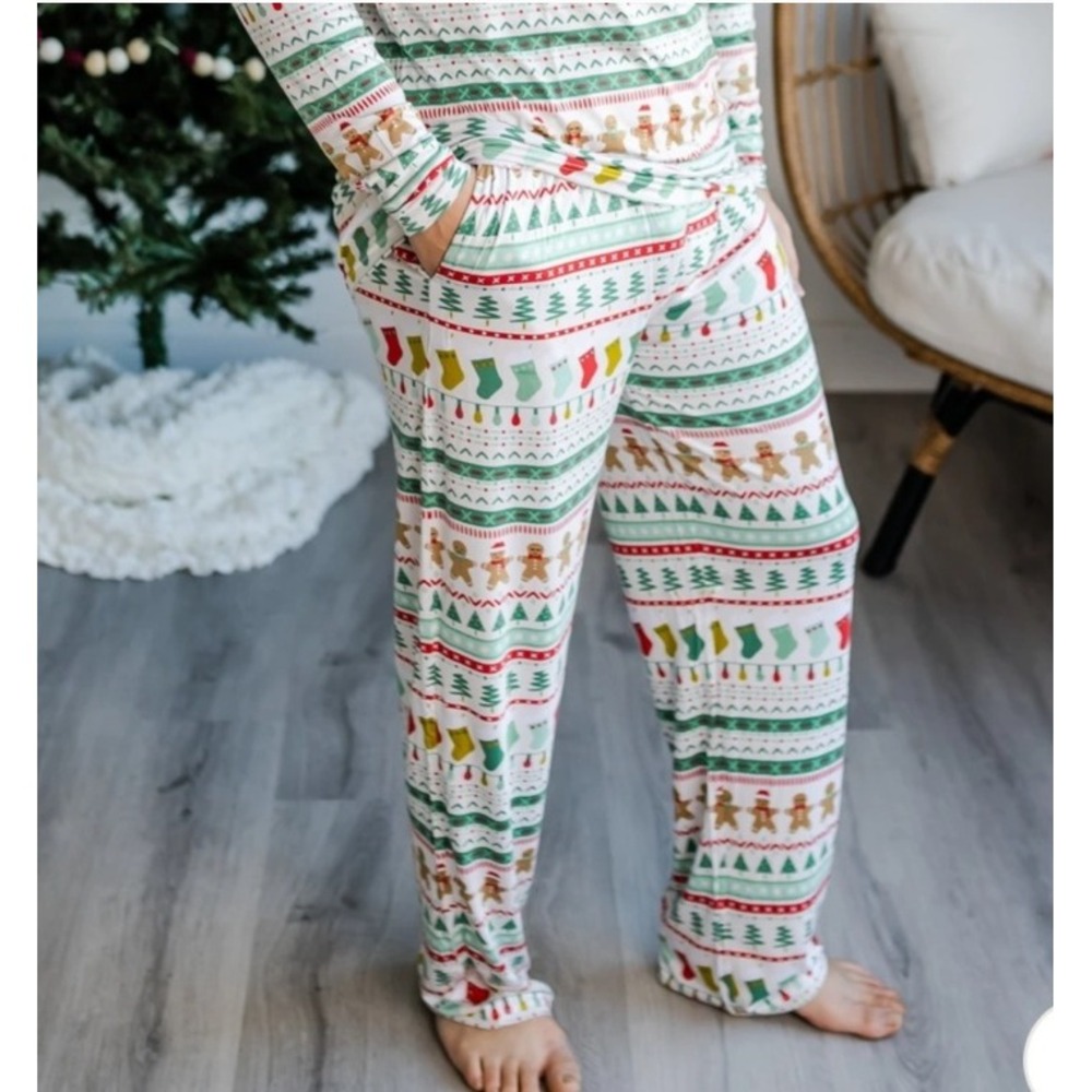 Little Sleepies Pajama Pants Mens L White Gingerbread Fair Isle Bamboo Christmas